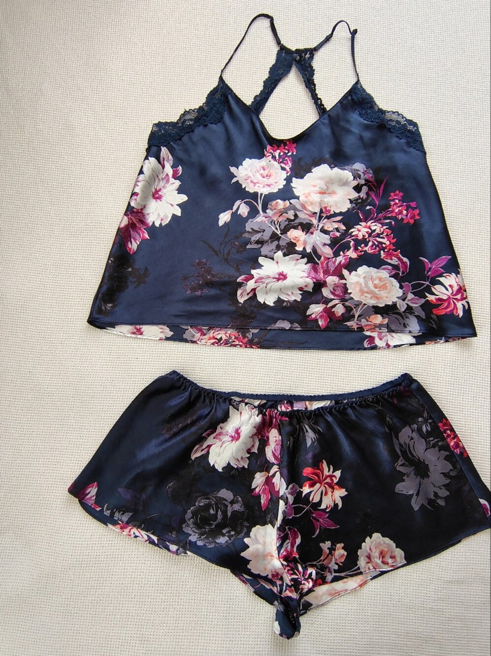 Lilac + London Navy Floral Satin Set — Pink & White Garden Print Size XXL.